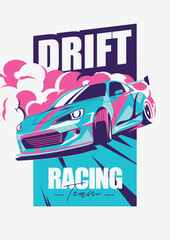 Drift race vector, japanese drift sport car design, street racing team illustration for t shirt, toyota scion drift - obrazy, fototapety, plakaty