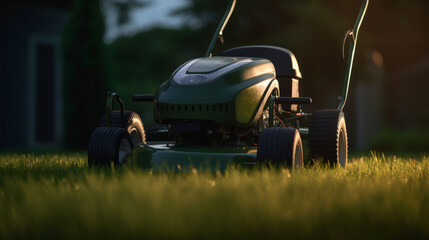 Fototapeta premium Lawn mover on green grass. Illustration AI Generative