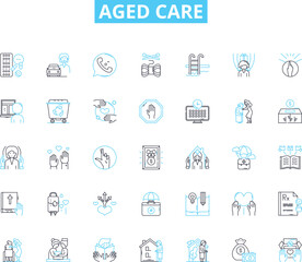Aged care linear icons set. Elderly, Retirement, Nursing, Assistance, Health, Comfort, Support line vector and concept signs. Seniority,Compassion,Rehab outline illustrations