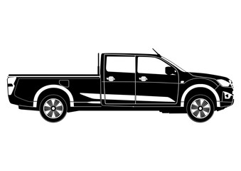 Fototapeta na wymiar Silhouette of a modern pickup. Side view. Editable vector consisting of two shapes: black and white.