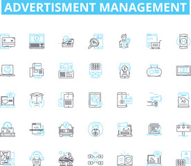 Advertisment management linear icons set. Advertising, Strategy, Budgeting, Analysis, Optimization, Campaign, Targeting line vector and concept signs. Metrics,Performance,Creativity outline