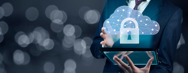 Cloud technology. Polygonal wireframe cloud storage sign with padlock