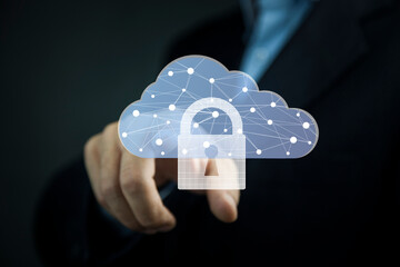 Cloud technology. Polygonal wireframe cloud storage sign with padlock