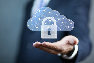 Cloud technology. Polygonal wireframe cloud storage sign with padlock