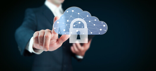 Cloud technology. Polygonal wireframe cloud storage sign with padlock