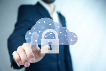 Cloud technology. Polygonal wireframe cloud storage sign with padlock