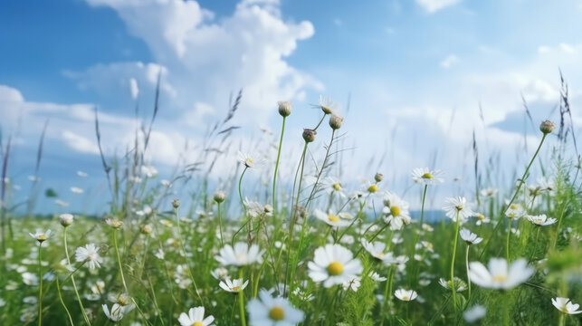 Summer field with daisy flowers. Illustration AI Generative.
