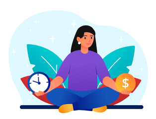 Time and money balance. Young girl sits in lotus position with gold coin in her hand and watch. Harmony and effective time management. Mental health and mindfulness. Cartoon flat vector illustration