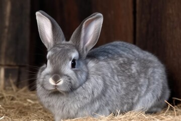 cute gray rabbit resting on a stack of hay. Generative AI