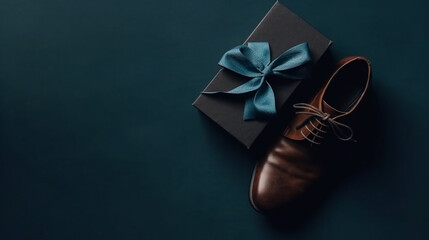 Mens Shoes with Gift Box and Bow in Masculine Blues and Browns - Fathers Day Gift Guide Theme - Generative AI