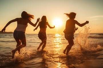 Happy friends at beach party runs to sunset water. Generative AI