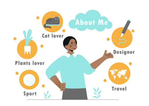 About me concept. Young guy talks about his hobbies. Man loves cats, travel, plants and sports, engaged in design. Social networks and communication on Internet. Cartoon flat vector illustration