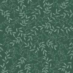 Vector image of plants. Abstraction on a dark green background for printing on fabric or paper. Seamless pattern.