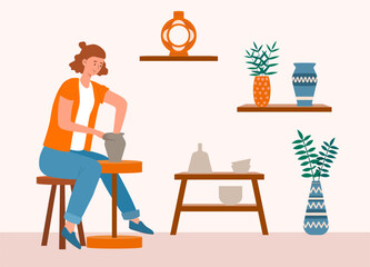 Woman with pottery. Young girl makes pottery at home and does homemade kitchen utensil. Character in studio at workplace. Traditional vase, jug and pot. Cartoon flat vector illustration