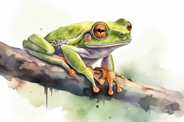 Digital illustration of a watercolor painted tree frog, on a branch, isoalted on white background. Nature art, design asset. Made in part with generative ai.
