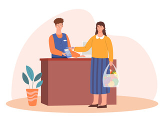 Woman paying with smartphone. Contactless and noncash payment in store. Young girl attaches smartphone to terminal. Online transactions and transfers concept. Cartoon flat vector illustration