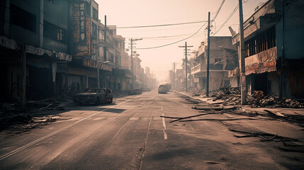 A burned city street with no life. Generative AI - obrazy, fototapety, plakaty