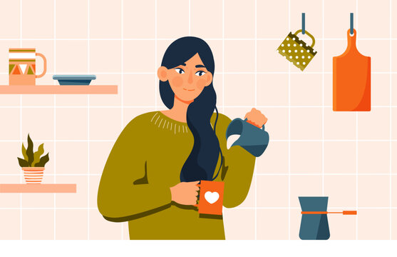 Woman makes coffee. Young girl pours herself hot drink into red mug with white heart. Cappuccino, latte and mocha, americamo. Barista or salesperson in coffee shop. Cartoon flat vector illustration