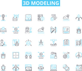 3d modeling linear icons set. Rendering, Animation, CAD, Sculpting, Texturing, Shading, Lighting line vector and concept signs. Photorealistic,Architectural,Character outline Generative AI