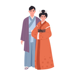 Japanese couple in traditional clothing. Asian man and woman, asian culture, ethnicity. Vector illustration in flat style.