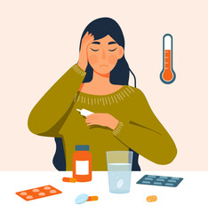 Sick woman concept. Young girl sits with medicines and pills and looks at thermometer. Character with high temperature, fever and cold, virus and covid 19. Cartoon flat vector illustration
