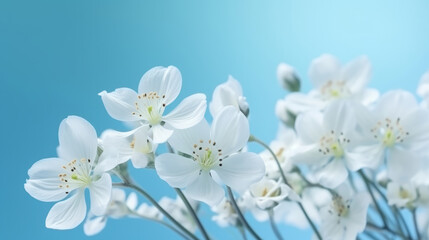 Naklejka na ściany i meble White spring flowers on blue background. Illustration AI Generative.