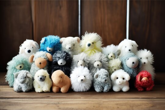 group of cute stuffed animals sitting together on a colorful background. Generative AI