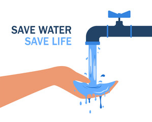 Save water and life. Hand stops flow of liquid from faucet. Eco activist and volunteer. Motivational poster or banner for website. Character slow water flow. Cartoon flat vector illustration