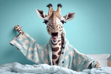 Studio portrait of giraffe in a terry bathrobe at the bed having fun, created with Generative AI technology - obrazy, fototapety, plakaty