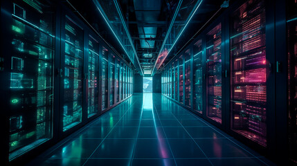 Imagery of dark servers data center room with computers and storage systems and glowing elements. Generative AI