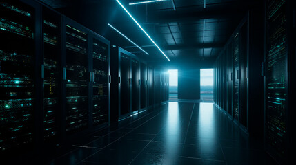 Imagery of dark servers data center room with computers and storage systems and glowing elements. Generative AI