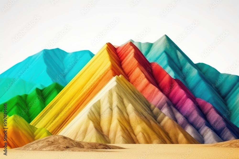 Wall mural mountain range with a vibrant rainbow-colored peak in the distance. Generative AI