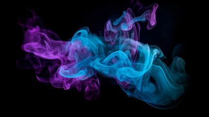 Fototapeta premium Neon blue and purple multicolored smoke puff cloud design elements on a dark background. Generative AI