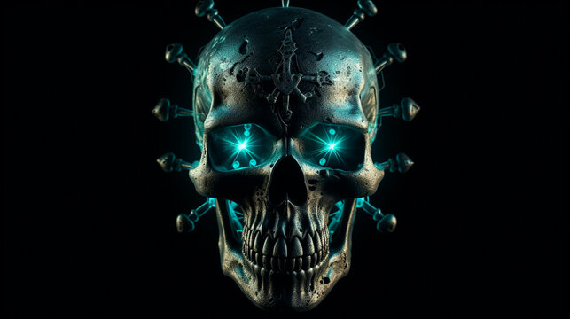 Mystical scary human skull and crossbones glowing in the dark. Generative AI