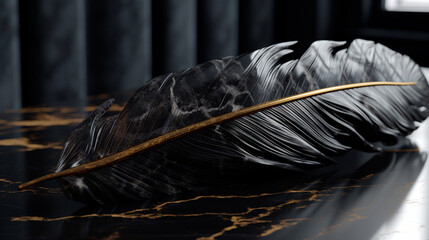 Ultra realistic black marble feather with gold textures and dynamic lighting made. Generative AI