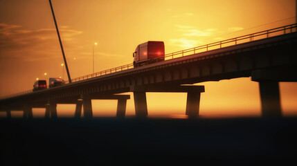 Truck crossing a bridge at sunset. Copy space. Generative AI. 3
