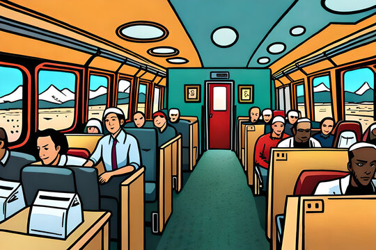 People sitting in public train transportation with mountain view. Comic style Generative AI