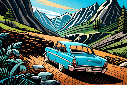 Old car blue color in a field with mountain view. Comic style Generative AI