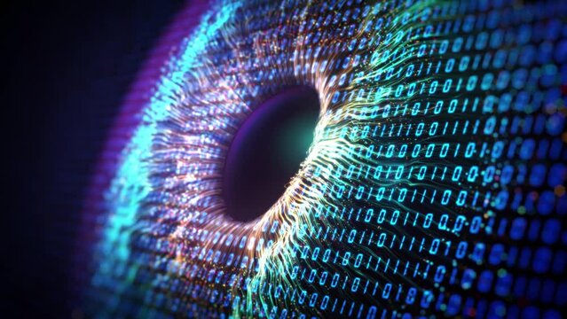 Human multicolored iris of the eye animation concept. Rainbow lines with binary numbers and forming volumetric a human eye iris and pupil. futurictic ai concept 3d rendering background in 4K	