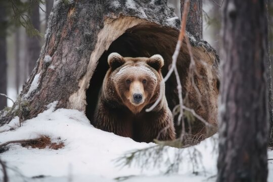 majestic brown bear standing in a winter wonderland forest. Generative AI