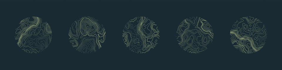 Various Contour Topographic Maps in Circles Vector Abstract Design Elements. Tangled Wavy Curved Lines Different Geological Patterns Mod Wide Abstraction. Terrain Texture Collection Geology Background