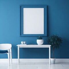 interior of a blue room with mockup frame