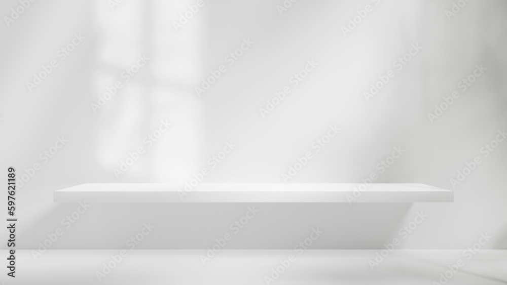 Poster white table background podium stage for text design and products, white stage with sunlight and shad