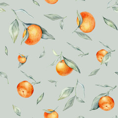 Seamless watercolour citrus fruits and leaves pattern. Green leaves and orange fruits on light green background. Seamless mandarin and oranges watercolour illustration
