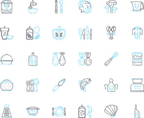 Tableware items linear icons set. Plates, Bowls, Cups, Saucers, Forks, Spoons, Knives line vector and concept signs. Napkins,Placemats,Coasters outline illustrations Generative AI