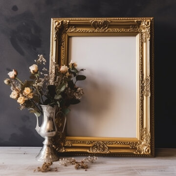 empty, blank ornate picture frame with a vase of flowers sitting beside,front of the camera