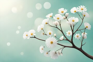 flat lay white flowers blossom and tree branches on blurry pastel spring background with copy space