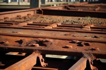 Fototapeta na wymiar rusty train tracks up close. Generative AI