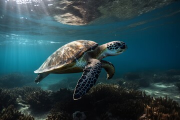 Fototapeta premium Underwater swimming sea turtle igital illustration in a photographic style, marine nature photography, made in part with generative ai. 