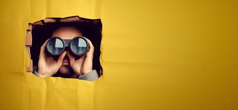 Un homme regarde &agrave; travers un mur avec des jumelles